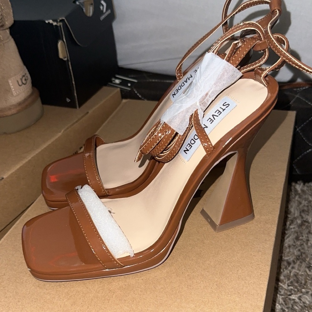 Steve Madden Brown Patent Strappy Block Heel Sandals